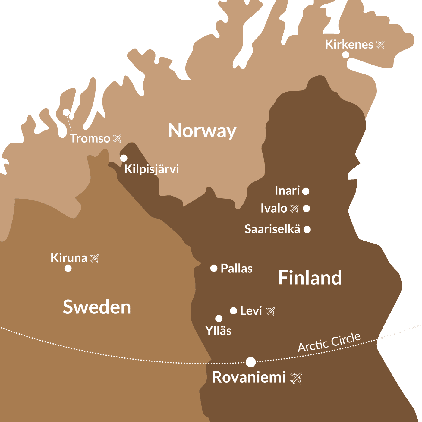 Map of Lapland Action destinations across Finland, Sweden, and Norway